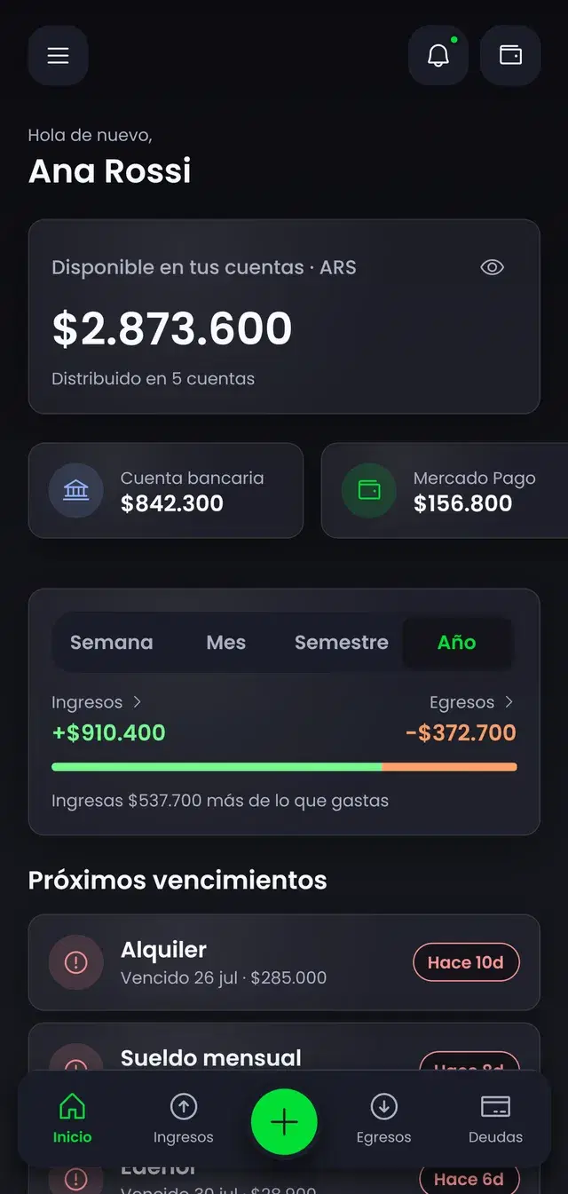 Pantalla de inicio de la app Finami: saldo consolidado, cuentas e ingresos frente a egresos