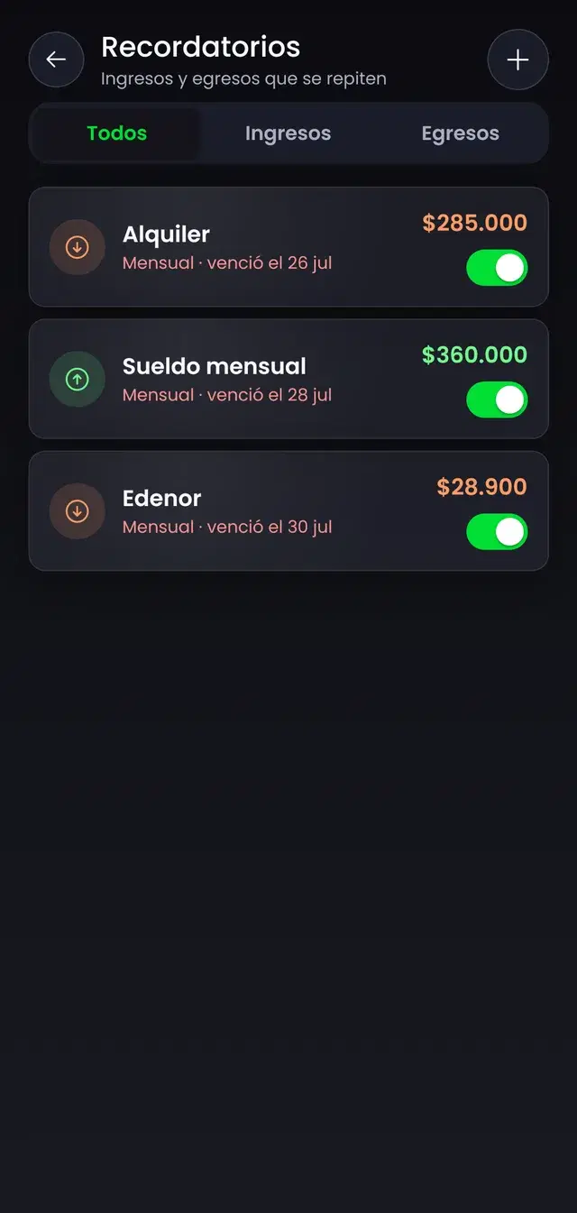 Pantalla de recordatorios de la app con los próximos vencimientos y sus importes